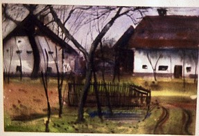  Bauernhäuser in Holzleithen, 1949, Aquarell, 34,7 x 49,6 cm