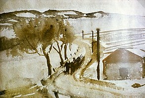 Dorfstraße im Winter, 1932, Aquarell
