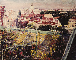 Dachgarten (Blick vom Dachgarten am Schwarzenbergplatz gegen den Rennweg), 1944, Öl auf Leinwand, 60 x 73 cm, WV 405