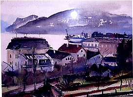 Blick von der Satoristraße in Gmunden am Traunsee, um 1935, Aquarell