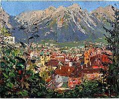 Innnsbruck, Blick auf Wilten, 1964, Öl auf Leinwand, 46 x 55 cm, WV 654,  Tiroler Landesmuseum Ferdinandeum, Innsbruck