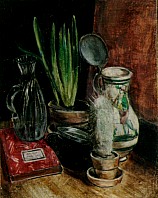 Stilleben mit Buch, Kaktus und Glasvase, Öl auf Karton, 50x40 cm, um 1930