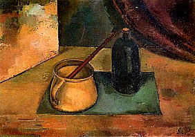Topf und Flasche, 1928, Öl auf Karton, 45x64,5 cm, WV 47