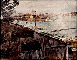 Alte Donau (Blick von der Kagraner Brücke auf die Alte Donau), 1938, Öl auf Leinwand, 73,5 x 91,5 cm, WV 350 Alte Donau (Blick von der Kagraner Brücke auf die Alte Donau), 1938, Öl auf Leinwand, 73,5 x 91,5 cm, WV 350